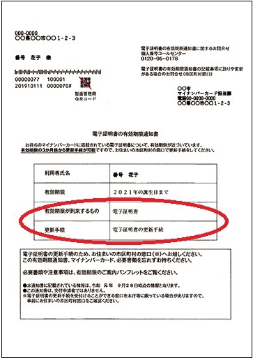 更新手続き欄の電子証明書の更新手続きに赤丸が記された、電子証明書の有効期限通知書の説明画像