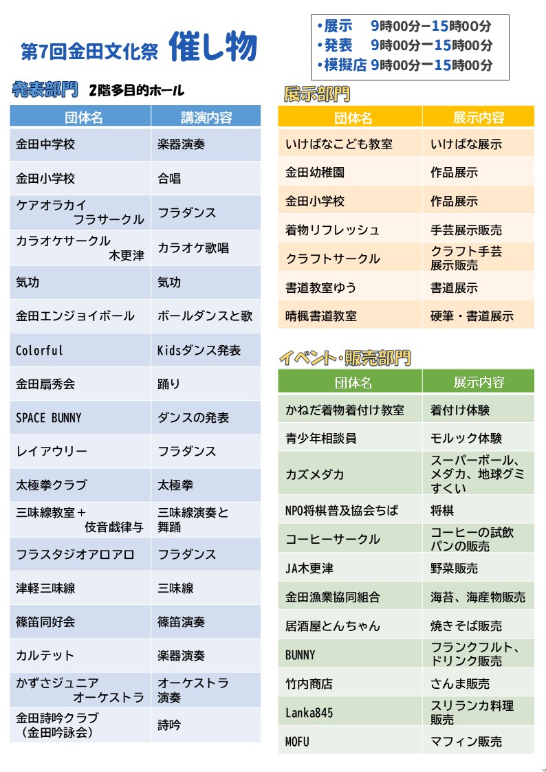 金田文化祭チラシ出展者一覧