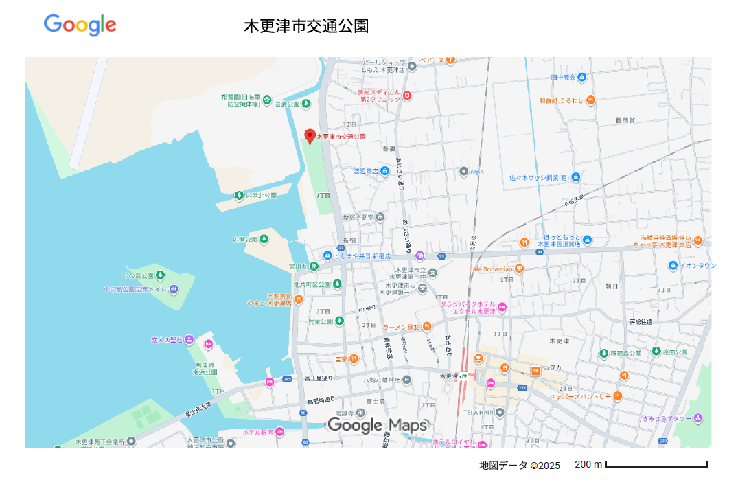 赤いピンが交通公園を指している木更津市の地図の画像