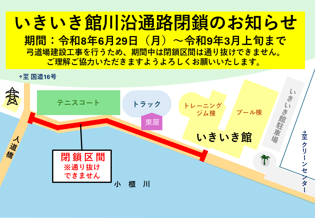いきいき館の加須沿い通路の閉鎖区間の位置図です。いきいき館のトレーニングジム棟の脇から人道橋へ通じる川沿いの歩道が閉鎖区間となります。ご理解ご協力のほどよろしくお願いいたします。