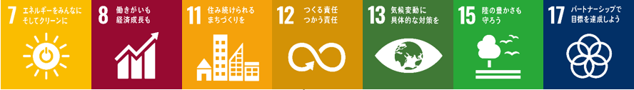SDG’sマーク7エネルギーをみんなにそしてクリーンに、8働きがいも経済成長も、11住み続けられるまちづくりを、12つくる責任つかう責任、13気候変動に具体的な対策を、15陸の豊かさも守ろう、17パートナーシップで目標を達成しよう