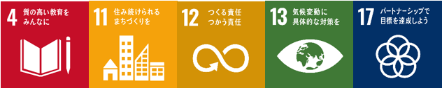 SDG’sマーク4質の高い教育をみんなに、11住み続けられるまちづくりを、12つくる責任つかう責任、13気候変動に具体的な対策を、17パートナーシップで目標を達成しよう