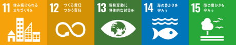 SDG’sマーク11住み続けられるまちづくりを、12つくる責任つかう責任、13気候変動に具体的な対策を、14海の豊かさを守ろう、15陸の豊かさも守ろう