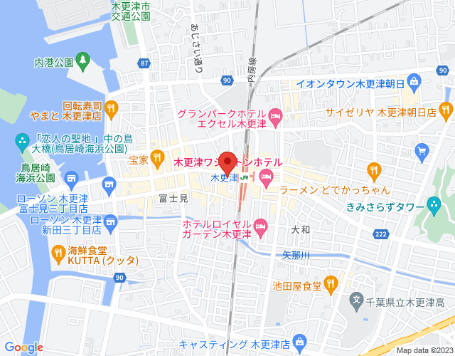 赤いピンが一般社団法人木更津市観光協会を指している木更津市の地図の画像