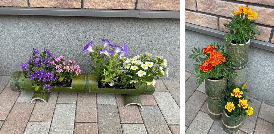 竹でつくられた手作りプランター