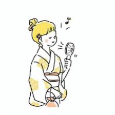 浴衣を着た女性がハンディファンを使用して涼んでいるイラスト