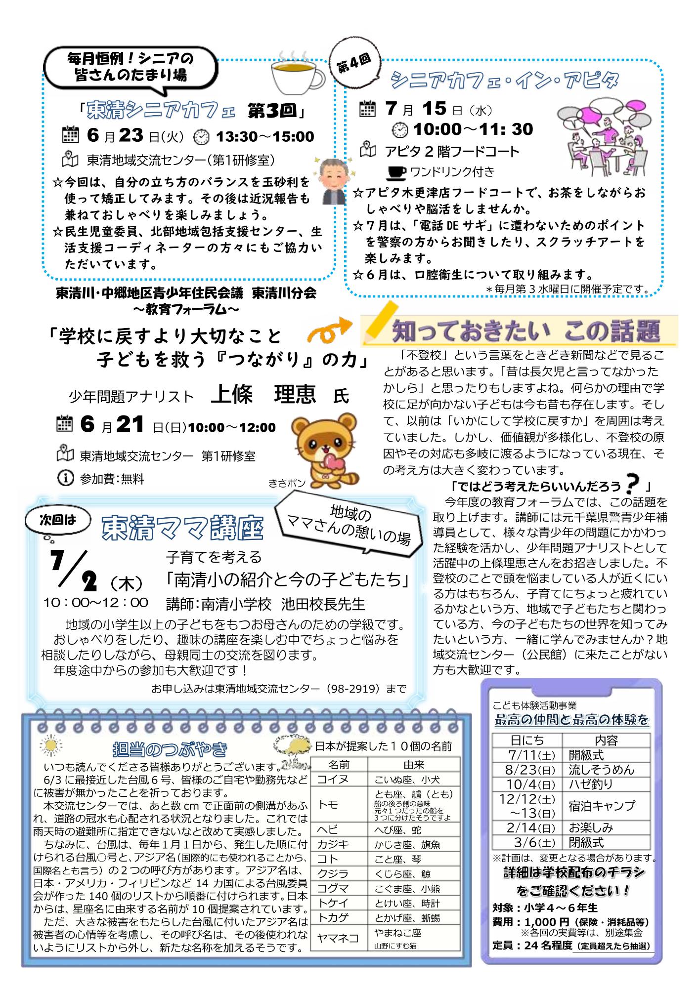 東清地域交流センター通信の裏面の画像