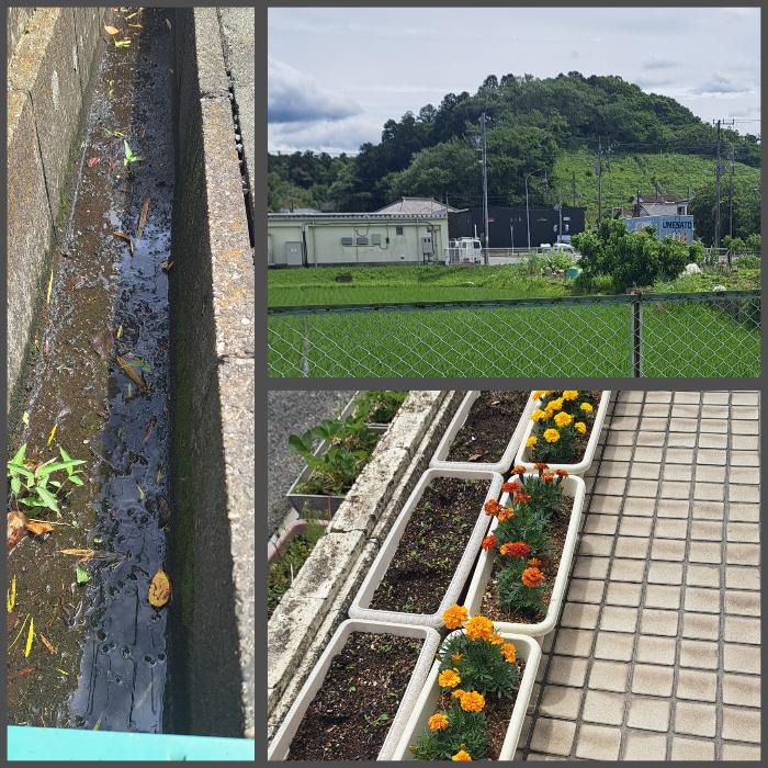 6月3日の大雨であふれそうになった側溝。40年前の大雨で崩れたという崖の写真