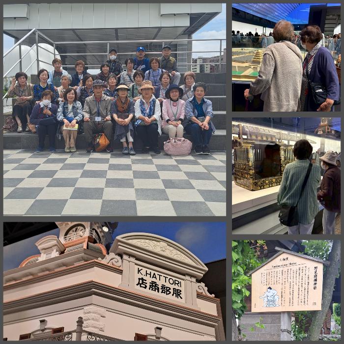 江戸東京博物館にて、入館前の集合写真と中で見学している様子。右下は近くにある野見宿禰神社の立て札
