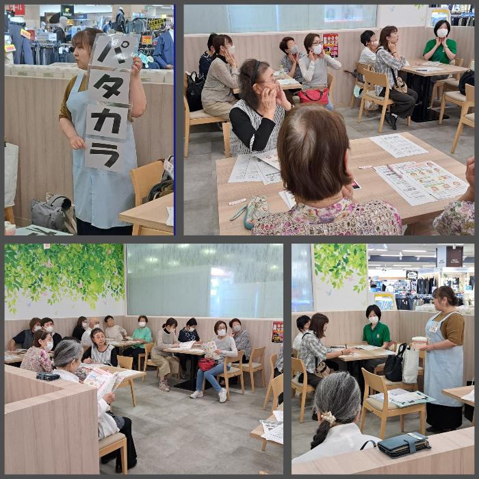 アピタフードコートにて口腔衛生について講師の話に熱心に耳を傾ける皆さん
