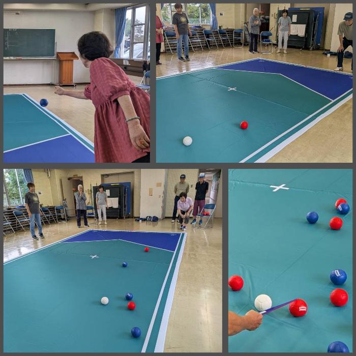 月曜日の朝 いつでもボッチャができるようになりました集まって楽しんでいる皆さんの様子