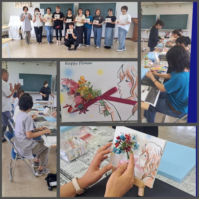 ママ講座にてアメリカンフラワーづくり。まずは好きな形と色の花を作り、キャンバスの絵に花束を持たせて仕上げます。