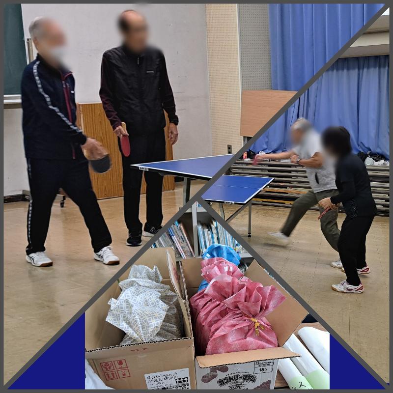 卓球フェスティバルに向け練習に励むサークルの皆さんと用意された賞品