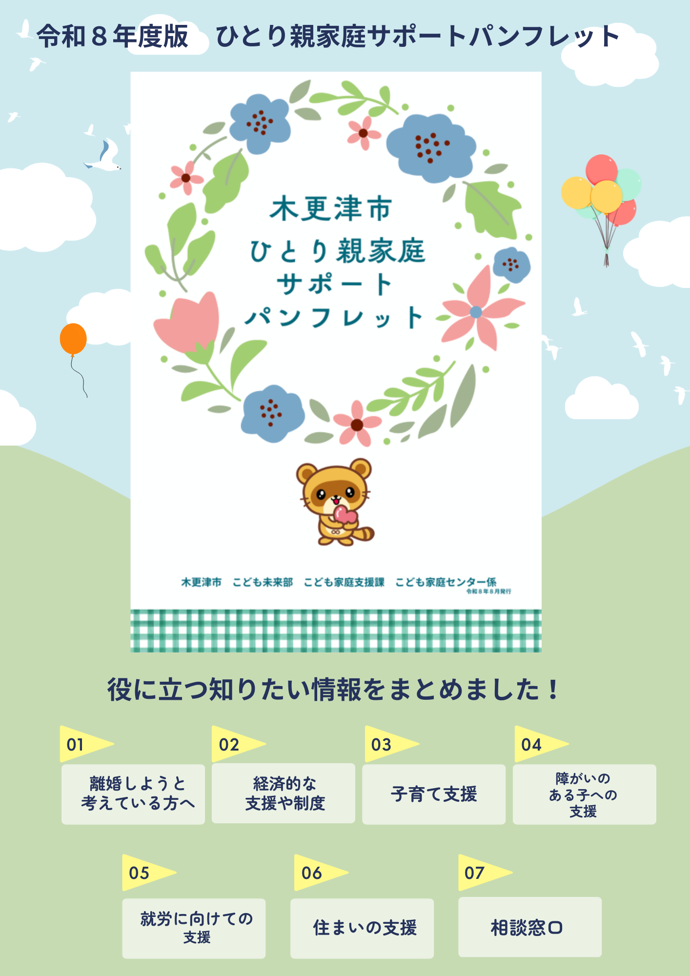 「ひとり親サポートパンフレットの案内」役に立つ知りたい情報をまとめました!1.離婚しようと考えている方へ2.経済的な支援や制度3.子育て支援4.障がいのある子への支援5.就労に向けての支援6.住まいの支援7.相談窓口
