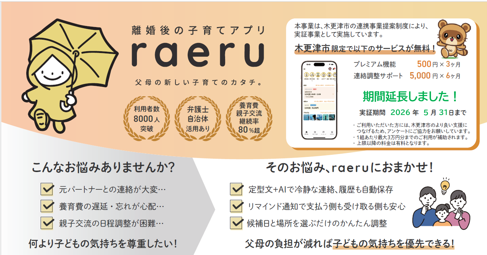離婚後の子育てアプリ「ラエル」木更津市限定で以下のサービスが無料体験できます。プレミアム機能500円3か月分、連絡調整サポート5,000円6か月分、心理カウンセリング5,500円2回までファイナンシャルプランナーのおかね相談5,500円2回まで(1組あたり最大3万円分まで)それ以外は自己負担となります。