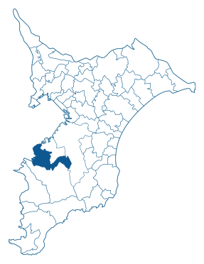 千葉県の広域地図の中で木更津市の位置を記した地図。千葉県の中西部に位置している。