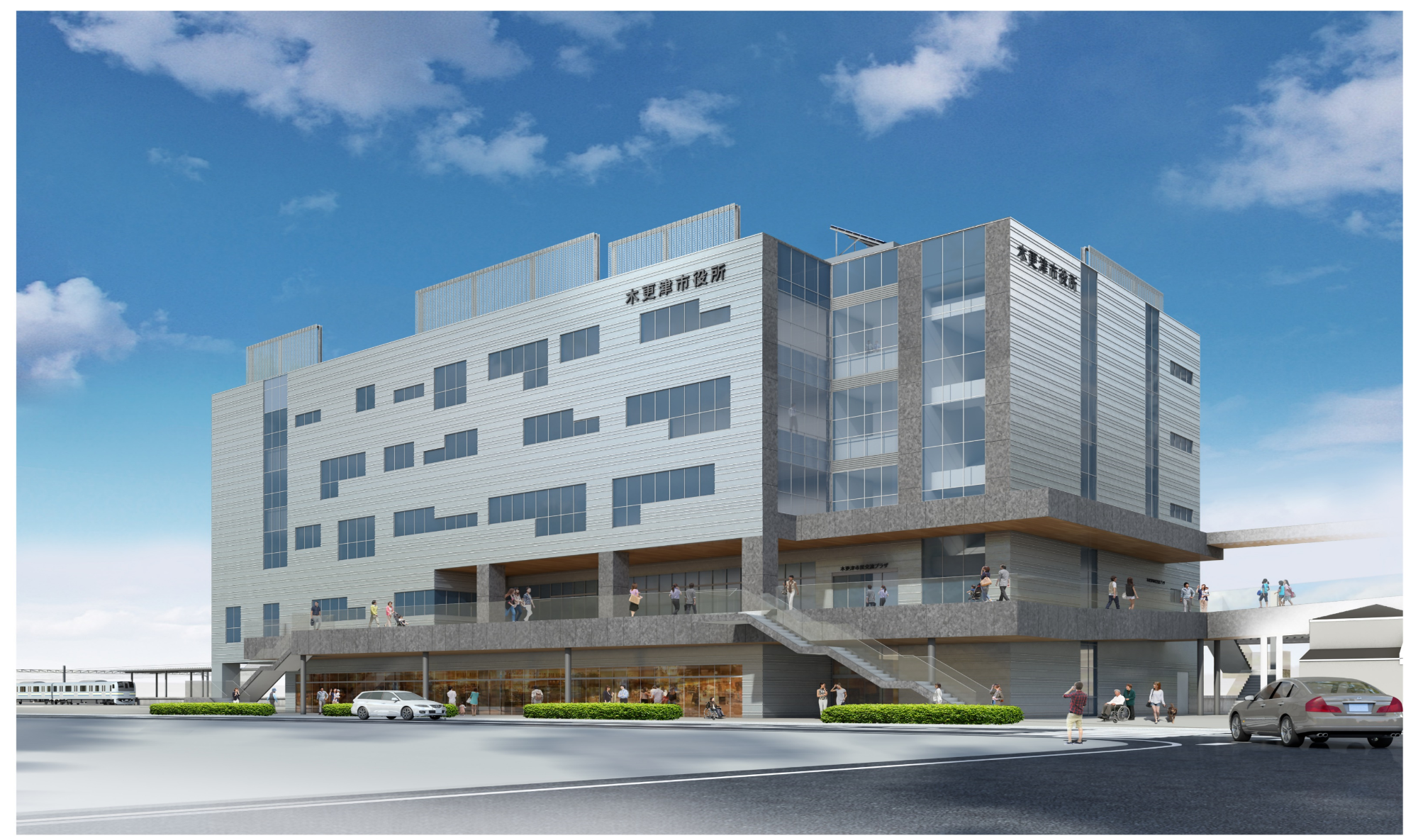 シルバーの四角い建物で5階建てを描いた駅前新庁舎のイメージパース