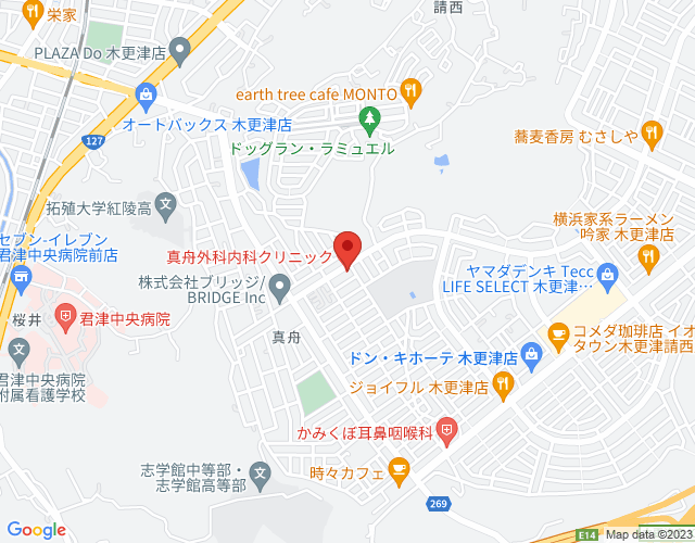 赤いピンが真舟外科内科クリニックを指している木更津市の地図の画像