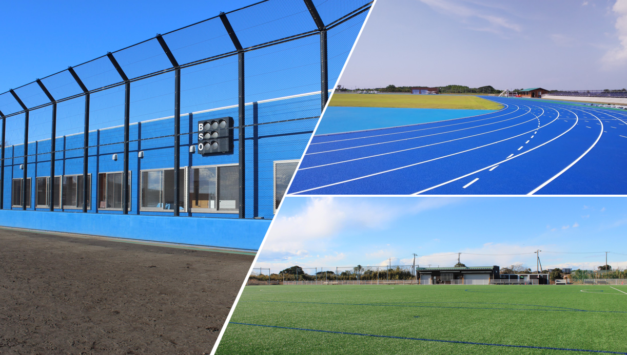 手前から、第1野球場、水色のトラックの陸上競技場、庭球場やサッカー場が広がる江川総合運動場完成予想画像