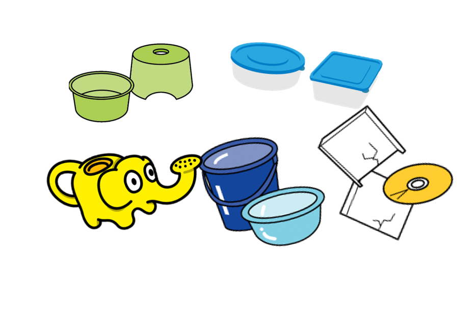 風呂おけ、風呂イス、タッパー、じょうろ、バケツ、CDのイラスト