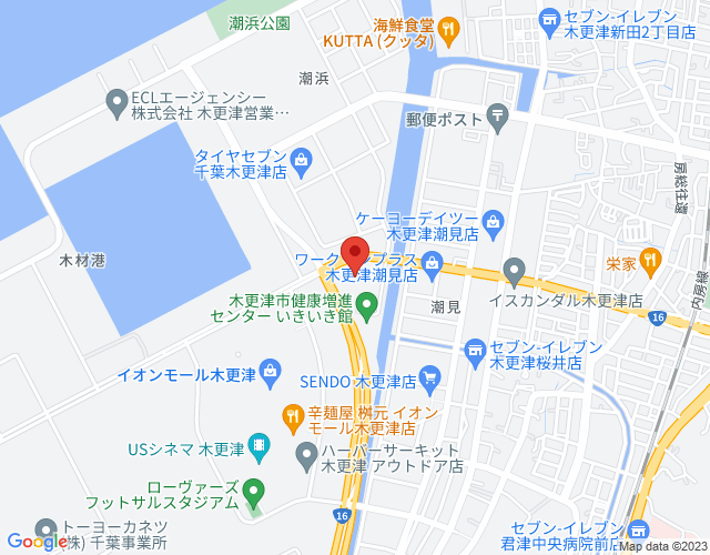 赤いピンがクリーンセンターを指している木更津市の地図の画像