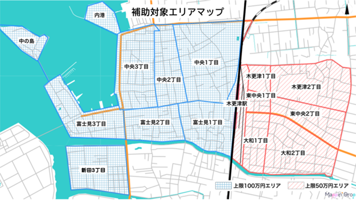 空き店舗活用支援補助金の対象となるエリアが示された画像