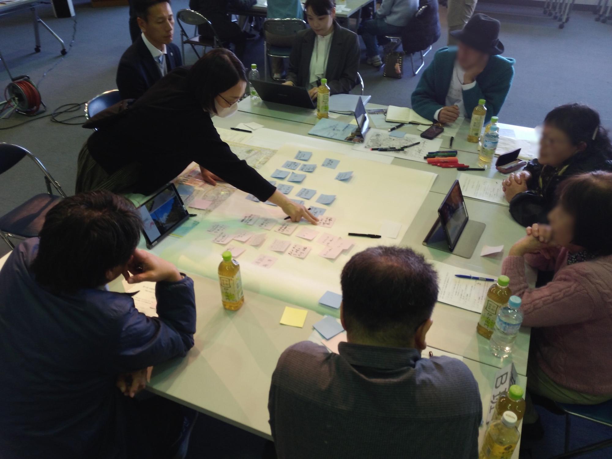大きな四角い机を囲み、模造紙を広げて参加者が話し合っている様子（B班）