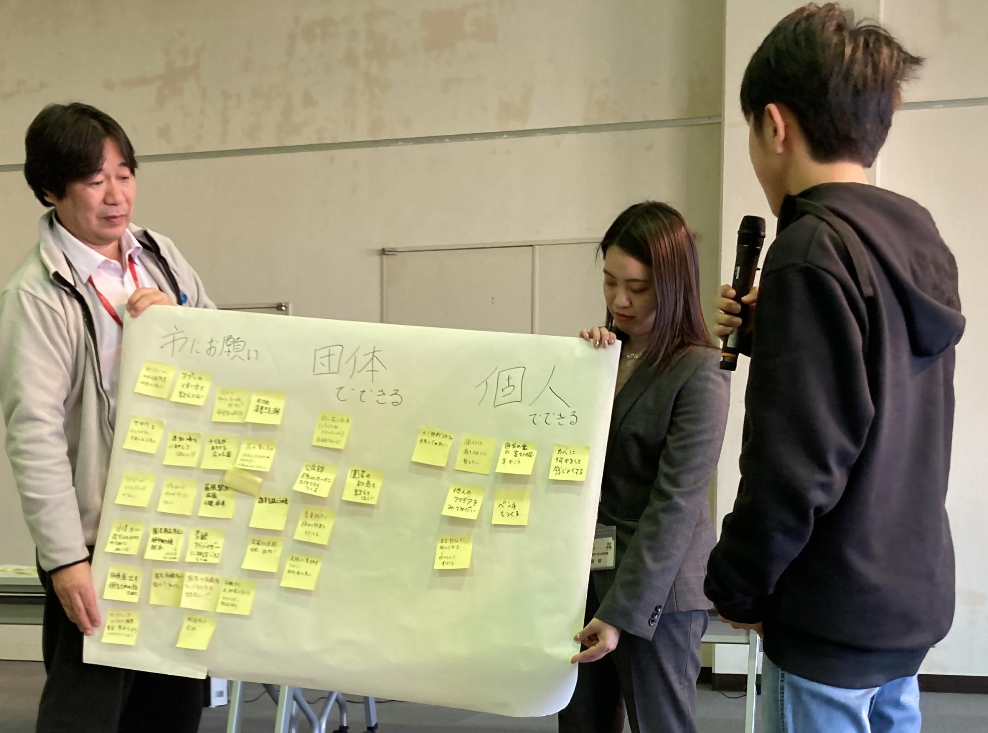 職員が模造紙を持って広げて、A班参加者の代表がマイクを持って発表している様子