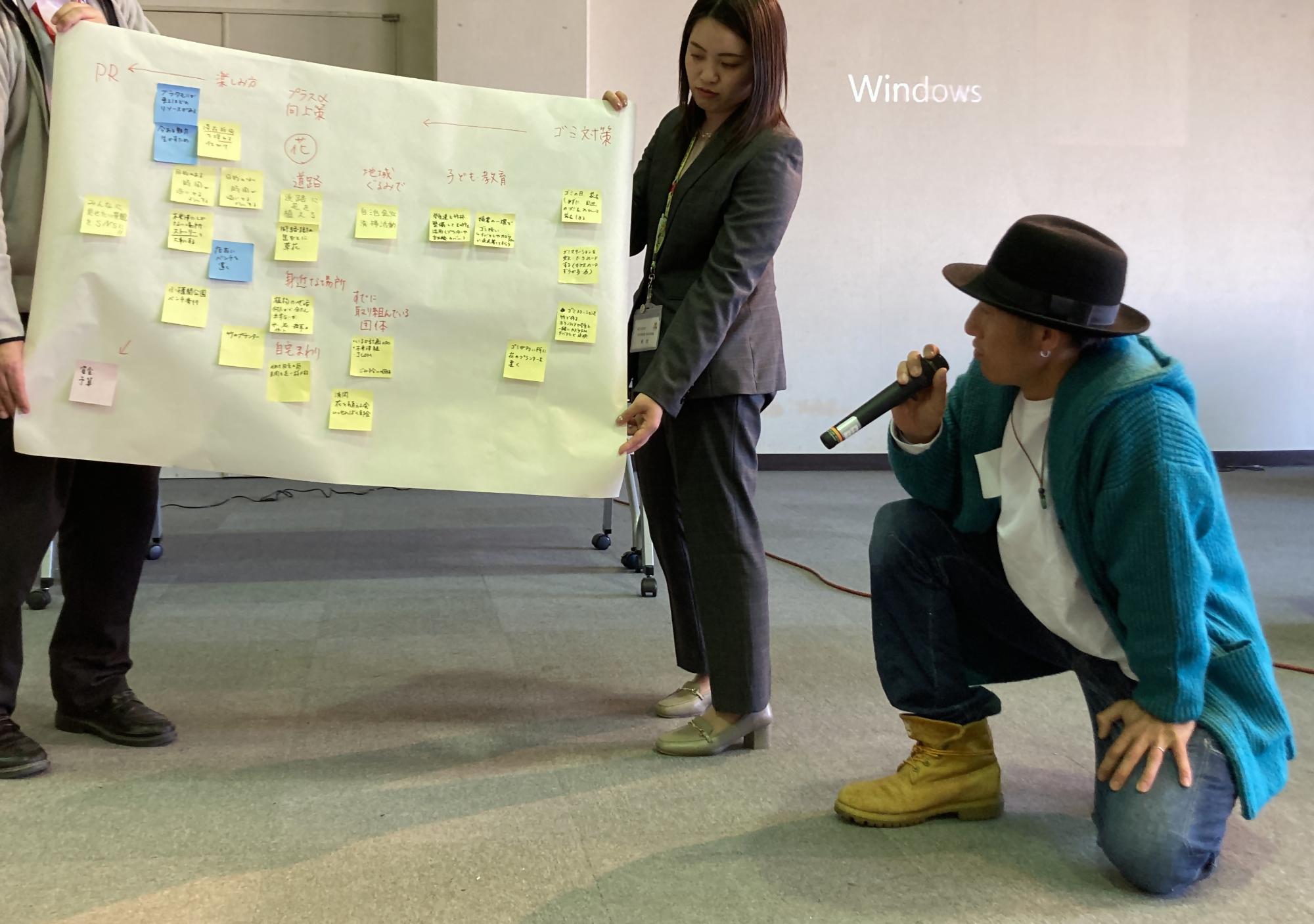 職員が模造紙を持って広げて、B班参加者の代表がマイクを持って発表している様子