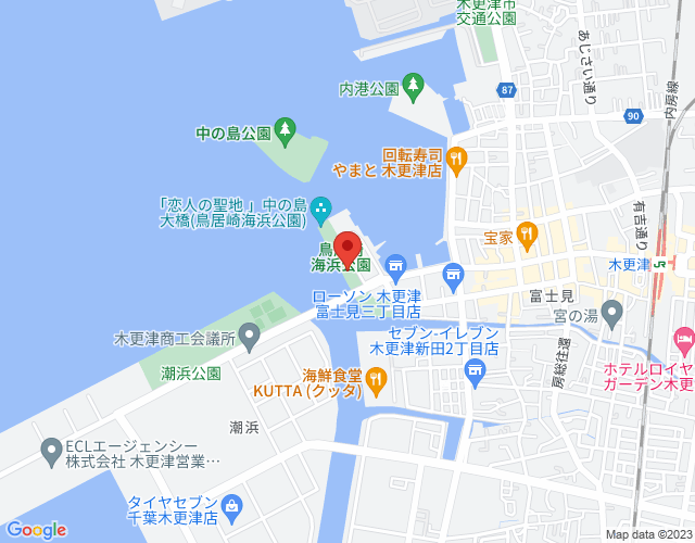 赤いピンが鳥居崎海浜公園を指している木更津市の地図の画像
