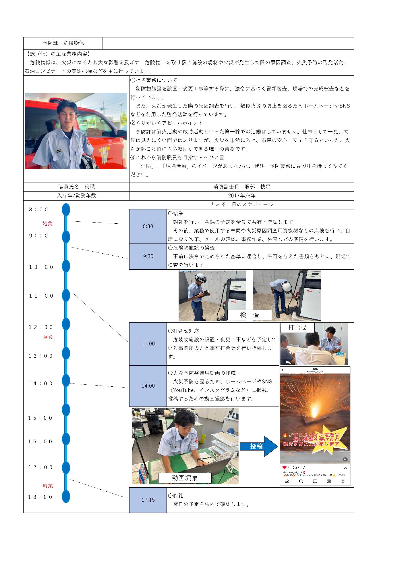 全体の構成時予防課危険物係の業務紹介資料です。上部に主な業務内容、中央に職員の写真とコメント・プロフィール服部快星消防副士長、2017年入庁・勤続8年、下部に「とある1日のスケジュール」が掲載されています。顔写真とガソリンスタンド時左上の写真では、制服を着た男性職員がガソリンスタンド消防車への給油機前で立っています。スケジュールの写真時タイムライン内には、ガソリンスタンド等の施設で点検を行う「検査」、会議室で事業者と書類を見ながら話す「打合せ」、パソコンで動画編集作業を行う「動画編集」、そして完成したSNS啓発動画「リチウムイオン電池は強い衝撃を受けると発火することがあります」のテロップ入り画面の写真が含まれています。予防課危険物係の主な業務内容危険物係は、火災になると甚大な影響を及ぼす「危険物」を取り扱う施設の規制や火災が発生した際の原因調査、火災予防の啓発活動、石油コンビナートの実態把握などを主に行っています。1担当業務について危険物施設を設置・変更工事等をする際に、法令に基づく書類審査、現場での完成検査などを行っています。また、火災が発生した際の火災原因調査を行い、類似火災の防止を図るためホームページやSNSなどを利用した啓発活動を行っています。2やりがいやアピールポイント予防課は消火活動や救助活動といった第一線での活動はしていません。仕事として一見、効果は見えにくい面ではありますが、火災を未然に防ぎ、市民の安心・安全を守るといった、火災が起こる前に人命救助ができる唯一の業務です。3これから消防職員を目指す人へひと言「消防」＝「現場活動」のイメージがあった方は、ぜひ、予防業務にも興味を持ってみてください。職員氏名役職時服部快星消防副士長入庁年、勤務年数時2017年、8年とある1日のスケジュール8時始業8時30朝礼を行い、各課の予定を全員で共有・確認します。その後、業務で使用する車両や火災原因調査用資器材などの点検を行い、自席に戻り次第、メールの確認、事務作業、検査などの準備を行います。9時30危険物施設の検査事前に法令で定められた基準に適合し、許可を与えた書類をもとに、現場で検査を行います。写真時検査11時打合せ対応危険物施設の設置・変更工事などを予定している事業所の方と事前打合せを行い指導します。写真時打合せ12時昼食14時火災予防啓発用動画の作成火災予防を図るため、ホームページやSNS、YouTube、インスタグラムなどに掲載、投稿するための動画撮影を行います。写真時動画編集、投稿画面「リチウムイオン電池は強い衝撃を受けると発火することがあります」17時15終礼翌日の予定を課内で確認します。18時終業