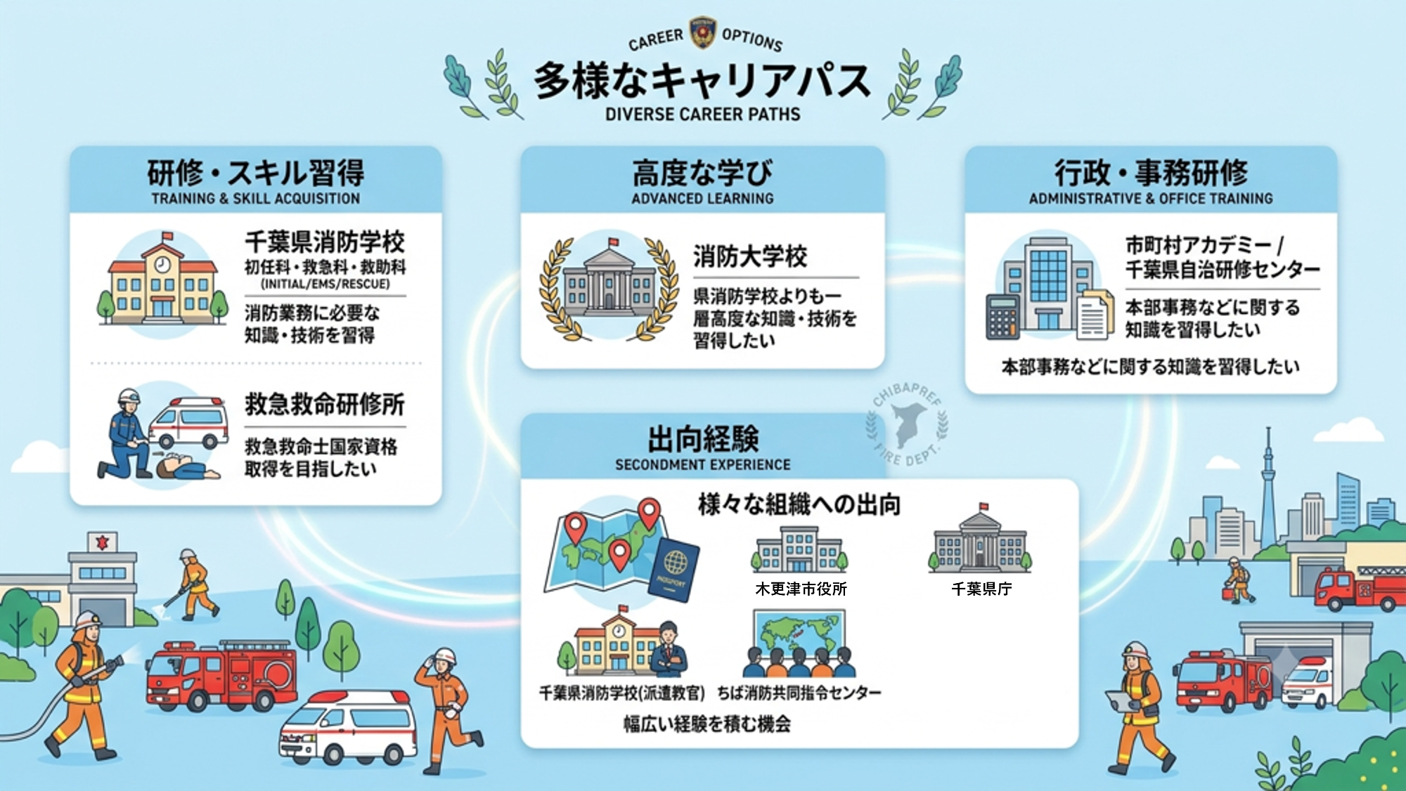 消防職員の多様なキャリアパス（研修や出向など）を図解した案内資料です。中央上部に「多様なキャリアパス（DIVERSE CAREER PATHS）」という大きな題名が置かれています。3つの大きな研修区分（研修・スキル習得、高度な学び、行政・事務研修）が横に並び、それぞれの教育機関と目的がイラストとともに示されています。「出向経験」の枠があり、木更津市役所や千葉県庁、千葉県消防学校（派遣教官）、ちば消防共同指令センターといった様々な組織への出向を通じて幅広い経験を積む機会があることが紹介されています。背景には消防車、救急車、消防隊員のイラストが配置されています。研修・スキル習得。千葉県消防学校、初任科・救急科・救助科、消防業務に必要な知識・技術を習得。救急救命研修所、救急救命士国家資格取得を目指したい。高度な学び消防大学校。県消防学校よりも一層高度な知識・技術を習得したい。行政、事務研修市町村アカデミー、千葉県自治研修センター、本部事務などに関する知識を習得したい。出向経験様々な組織への出向。木更津市役所。千葉県庁。千葉県消防学校（派遣教官）。ちば消防共同指令センター。幅広い経験を積む機会。