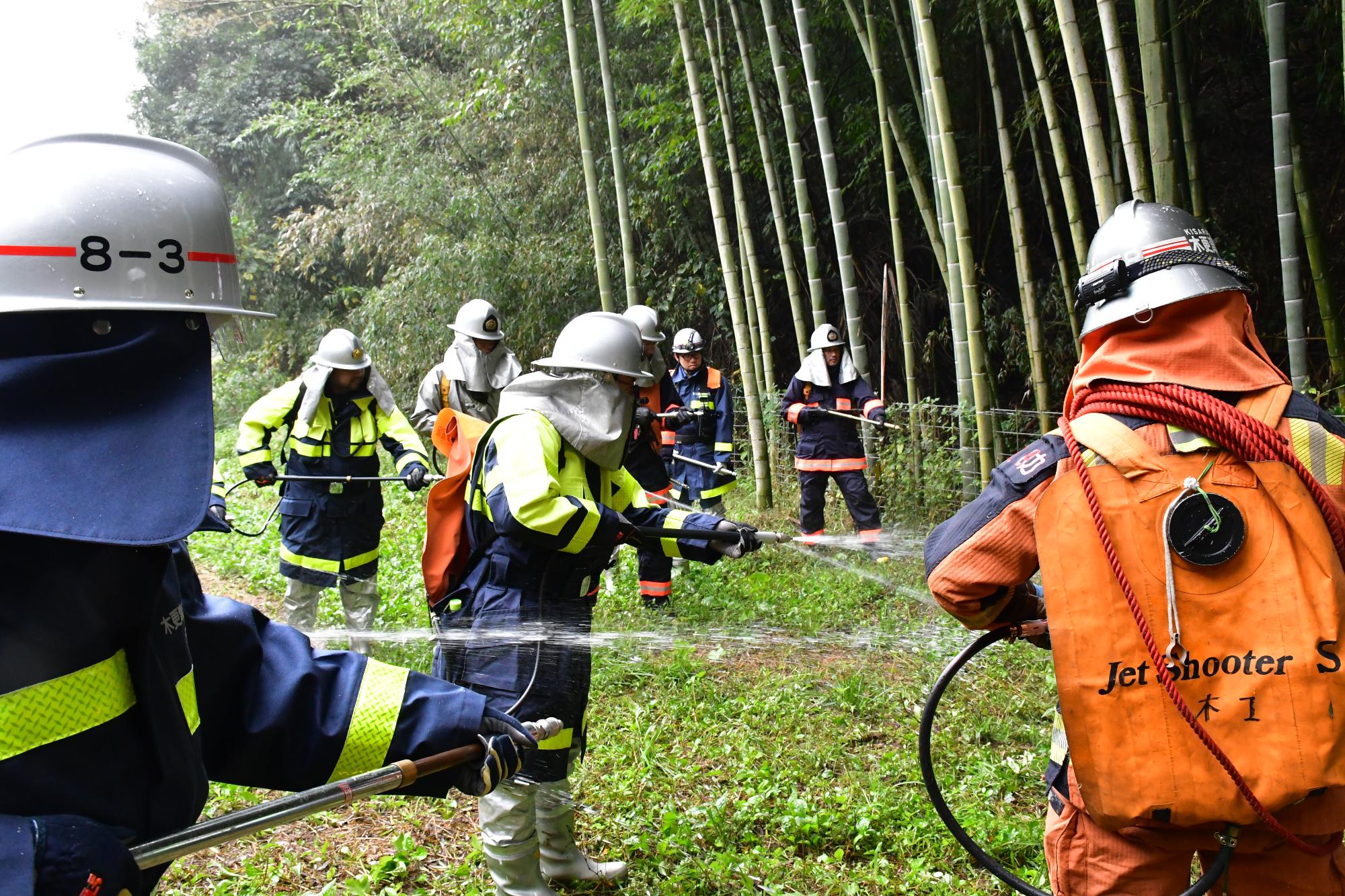 青空の下、林野火災対応訓練の会場である山の中で火災が発生していると想定される地点に対して消防職員、消防団員計8名程度が背負い式消火すいのうを用い消火作業をしている様子。