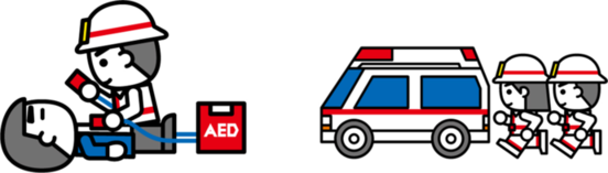 左：救急隊員が仰向けで倒れた男性にAEDを装着している様子のイラスト。右：2名の救急隊員が救急車まで走って向かっているイラスト
