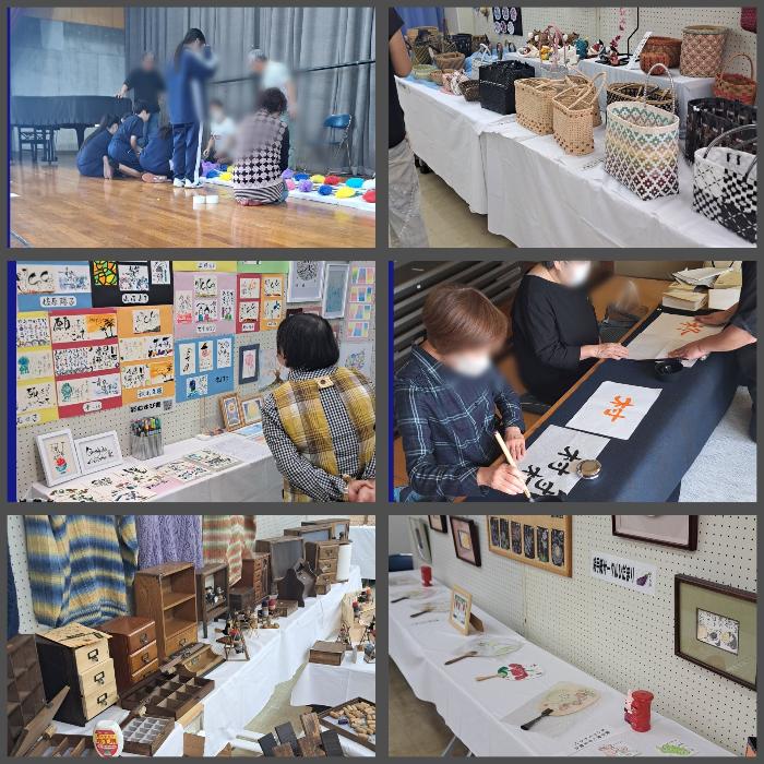 文化祭初日の様子。木工作品や絵手紙、クラフト作品が飾られていました。真剣な書道体験の様子や中学生が発表会場の準備を手伝う場面も見られました。
