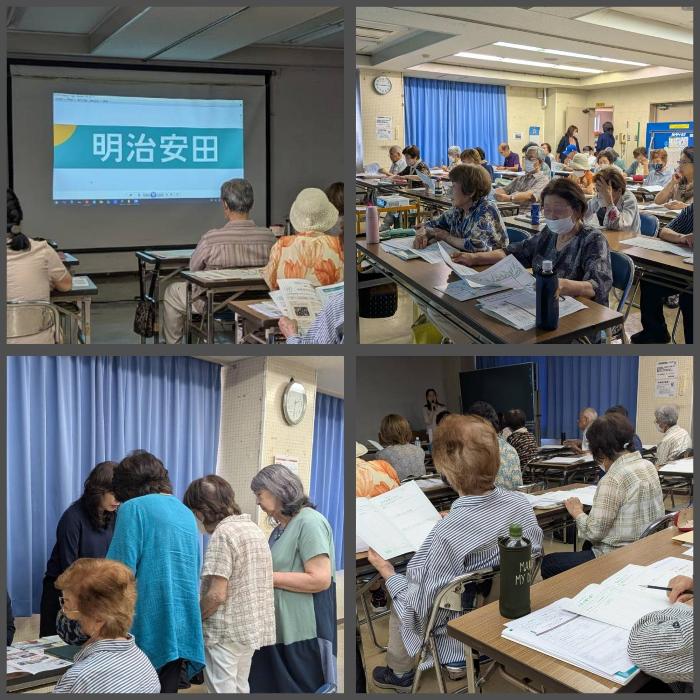エンディングノートの話を聞き、べジチェックをするさわやか学級の皆さん