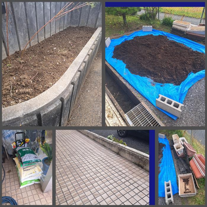 来る「花いっぱい運動」に備えて改良中の土壌。玄関前は寂しい感じです