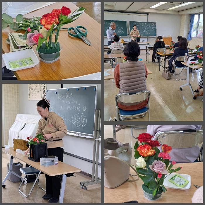 ママ講座でフラワーアレンジメントに挑戦した皆さん。下は講師の野田先生と完成した作品