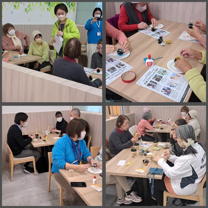 シニアカフェ・イン・アピタ 就労支援員から和綿作りの意義を聞いた後、松ぼっくりでのクリスマスツリー作りにいそしむ皆さん