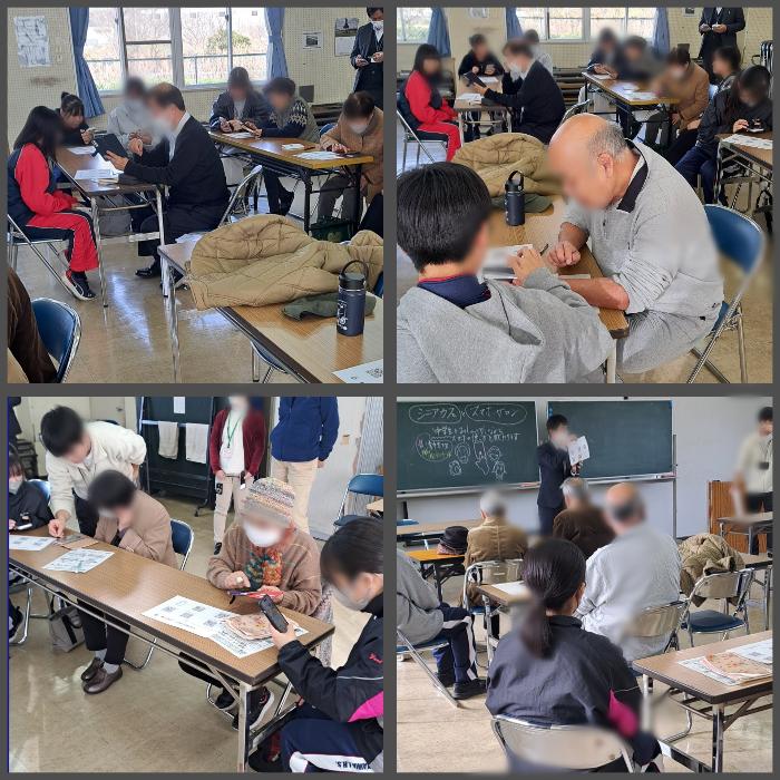 東清シニアカフェにて、中学生からスマホについて教わる参加者の皆さんの熱心な様子