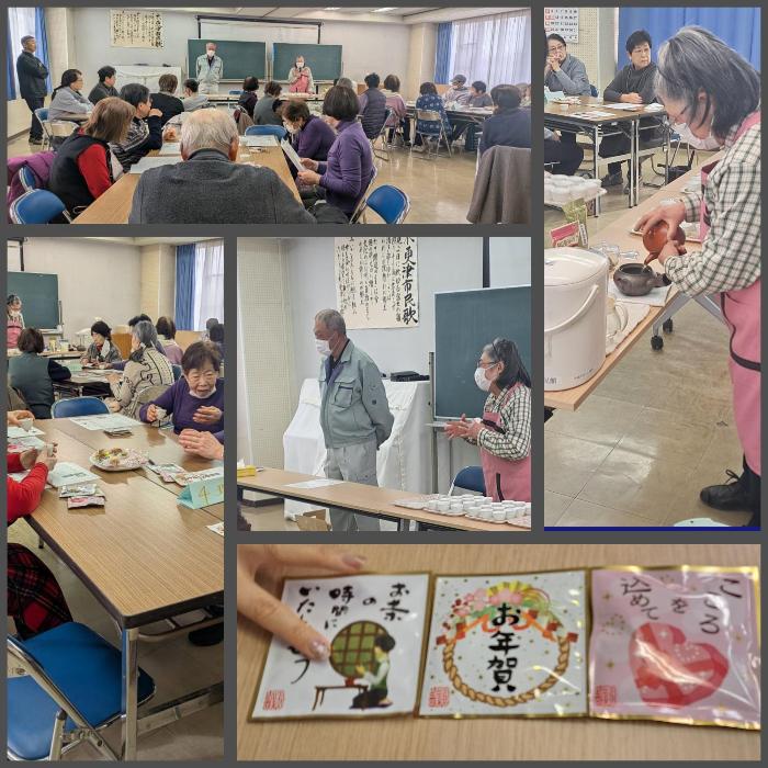 お茶の入れ方や保存の仕方について学ぶさわやか学級のみなさん。右下は深澤製茶園のお茶3種