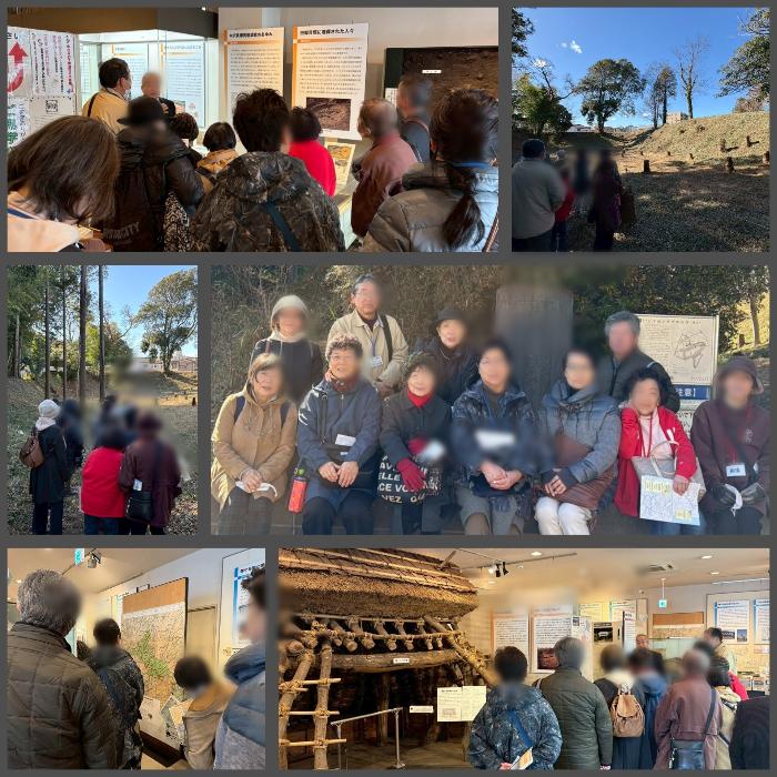 鎌ヶ谷市郷土資料館で学芸員の説明に耳を傾けるふるさと歴史講座のみなさんと近くにある野馬土手の様子。最後に野馬土手バックに記念撮影。