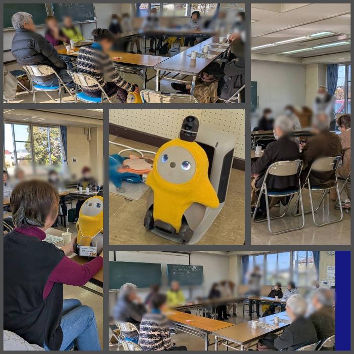 シニアカフェでおしゃべりをする皆さん。中央は特別ゲストのLOVOT