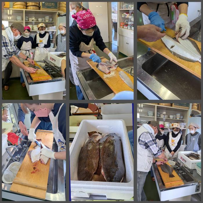 ママ講座にて魚をさばく真剣な表情、真ん中したが届いたばかりのヒラメ