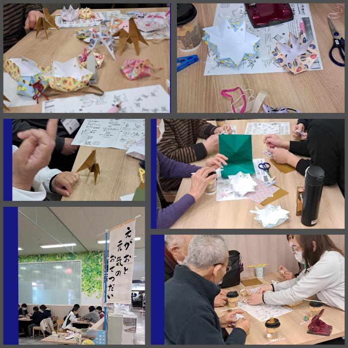 アピタフードコートにて折り紙に興ずる皆さん、上右が巾着、中左はアクロバットホースの空中回転に挑む様子
