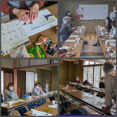 公民館和室でのシニアカフェ。先日アピタで教わった折り紙を職員が参加者に伝達します。