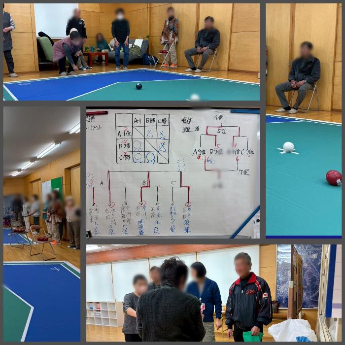 ボッチャを楽しむ皆さん。中央の写真のように大会も実施