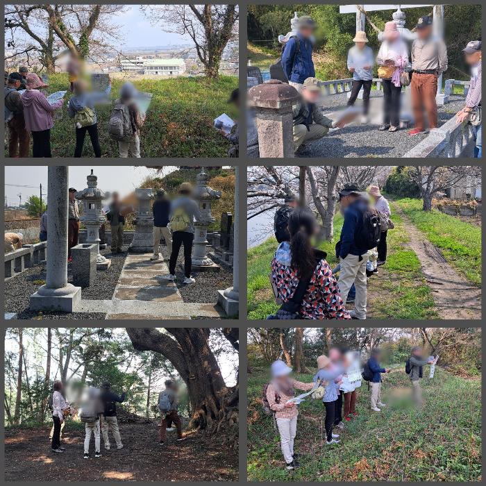 お花見ウォークに参加した皆さん。地域の寺社を見学したり5分咲の小櫃川沿いの桜の下を歩いたり