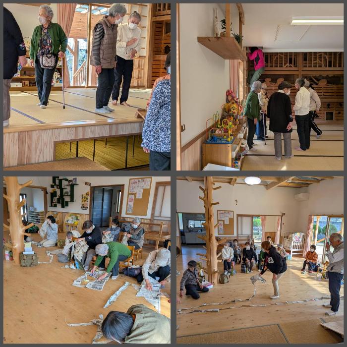 シニアカフェ 近所の地域子育てセンター「ゆりかもめ」の中を見学したり、レクに興じたりの皆さん。