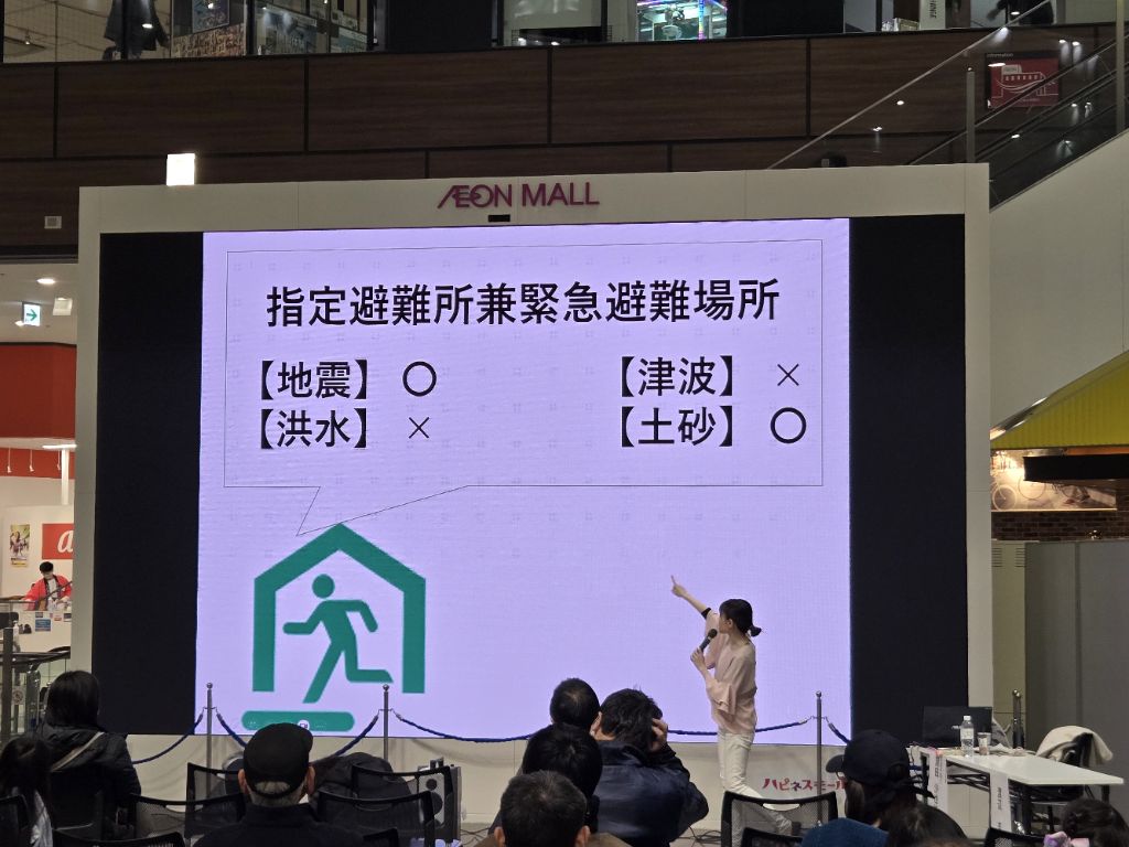 イオンモール木更津サウスアトリウムの大型スクリーンを使用し講演を行う気象予報士の岡田沙也加様の写真です。